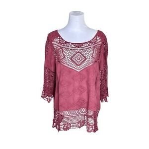Democracy Lacy Crocheted‎ Embroidered Burgundy Blouse LARGE Bohemian Diamond